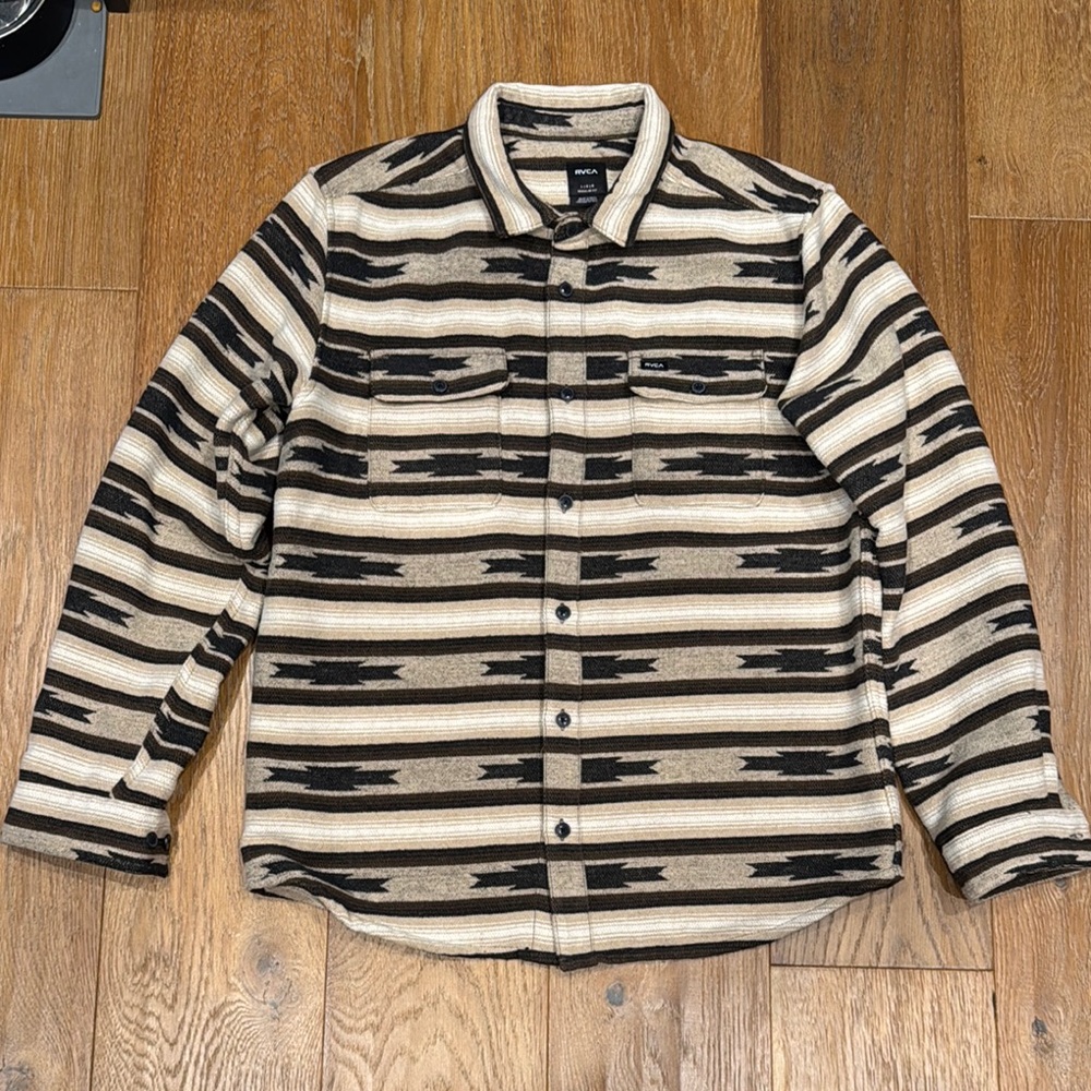 RVCA Beige and Black Striped Button-Up Shirt